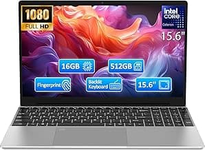 15.6" FHD Laptop,16GB DDR4 RAM 512GB SSD,Portable Laptop Computer with Backlit Keyboard,180 ° Angle Opening,Fingerprint Reader,38WH Battery,Webcam,WiFi 5,BT 4.2,Mini HDMI,USB 3.0