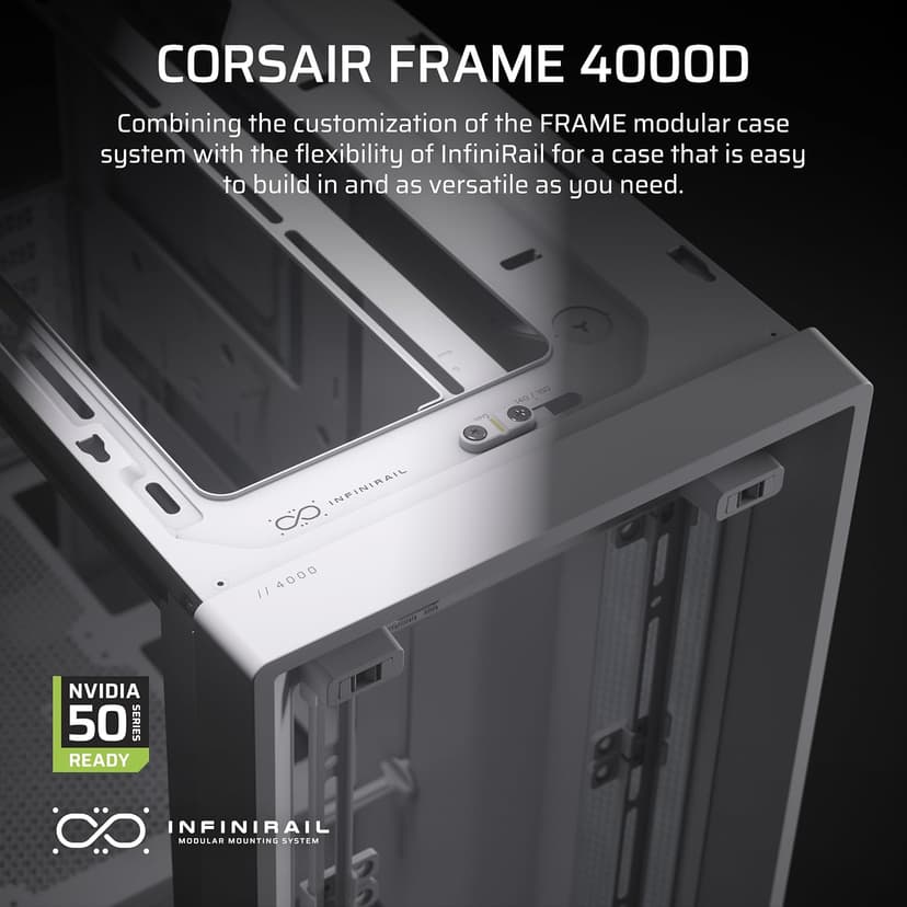 CORSAIR 4000D Frame Modular Mid-Tower ATX PC Case – High Airflow, InfiniRail Fan Mounting System, Dual 360mm Radiator Support, ASUS BTF, MSI Project Zero, Gigabyte Project Stealth – White