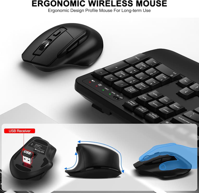 Wireless Keyboard and Mouse Combo, 2.4G Full Size Wave Keys Ergonomic Keyboard with Wrist Rest and 3-Level DPI Adjustable Wireless Ergonomic Mouse for Windows, Mac OS Desktop/Laptop/PC(Black)