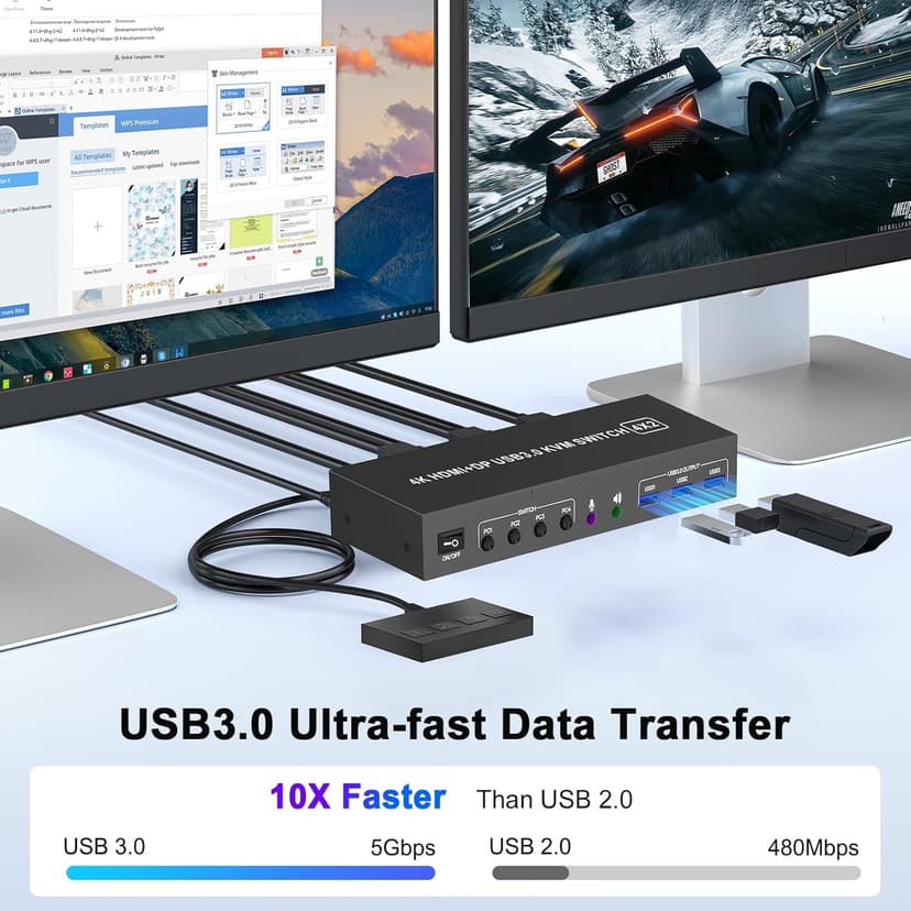 HDMI + DisplayPort KVM Switch 4 Computers 2 Monitors with 3 USB3.0 Ports, 4K@60Hz Dual Monitor KVM Switch 4 Port for 4 PCs Share 2 Monitors, Support Button Switch,Adaptive EDID, 4 in 2 Out