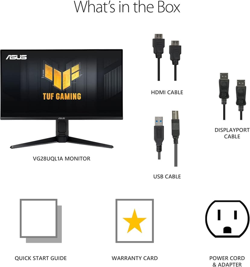 ASUS TUF Gaming 28” 4K 144HZ DSC HDMI 2.1, Monitor (VG28UQL1A) - UHD (3840 x 2160), Fast IPS, 1ms, Extreme Low Motion Blur Sync, G-SYNC Compatible, FreeSync Premium, Eye Care, DCI-P3 90%,BLACK