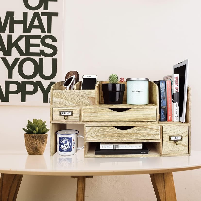 Ikee Design Large Extendable Wooden Desktop Organizer For Office Supplies, Storage Shelf Rack Book Shelf, Stationary Compartment Holder, Back to School, 17 1/4 W x 7 1/2 D x 12 H in