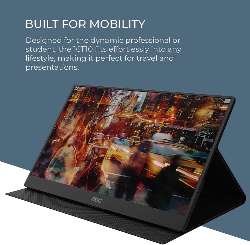 AOC 16T10 Portable Monitor 15.6 Inch FHD 1920x1080, IPS Panel, USB Type C x2,Mini HDMI x1, Smart Cover Included