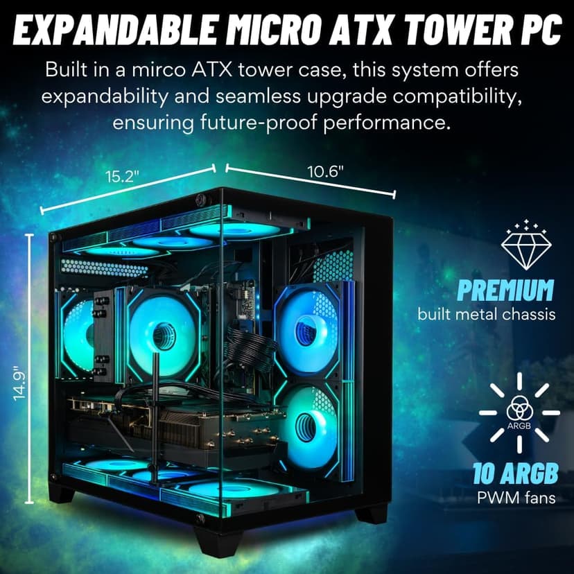 Panorama Gaming Desktop PC (NVIDIA RTX 5060 Ti 8GB, AMD Ryzen 7 5700X Processor, 32GB DDR4 RAM, 1TB NVMe M.2 SSD, WiFi 6E, HDMI + DP, Windows 11 Pro) Best 2025 RGB Prebuilt Tower Computer for Gamers