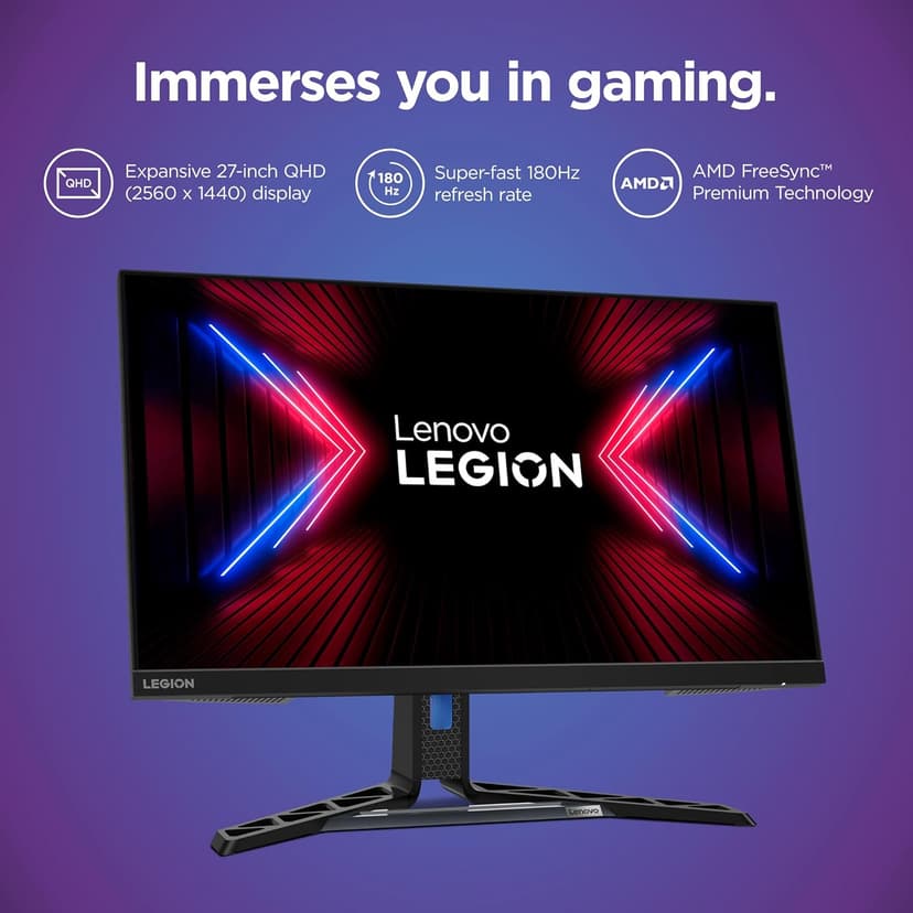 Lenovo Legion R27q-30 Gaming Monitor, 27” QHD Display, 180Hz, 0.5ms Response, AMD FreeSync Premium, Lift/Tilt/Pivot/Swivel Stand, HDMI 2.1 and DisplayPort 1.4, 350 nits, Raven Black