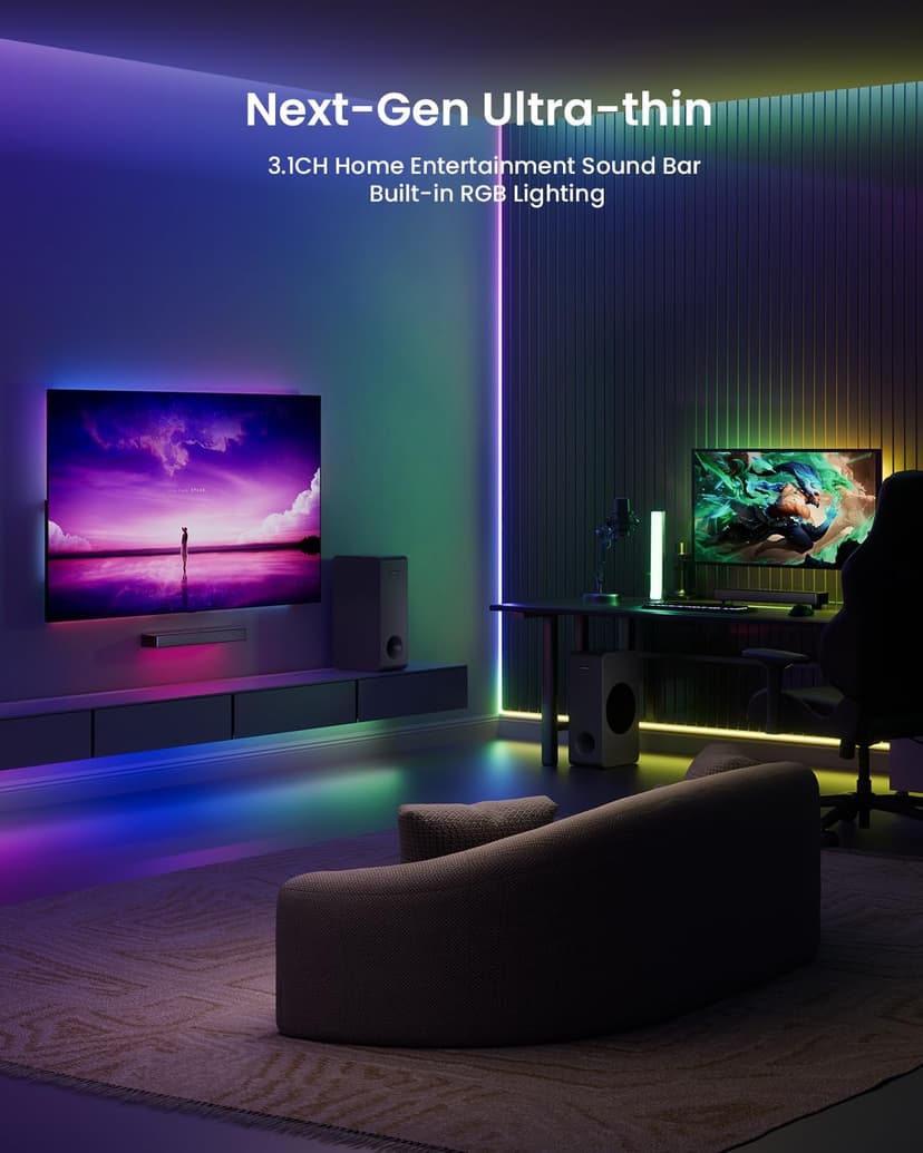 MEREDO Sound Bar for Smart TV 3.1CH PC Gaming Soundbar with Subwoofer RGB Lighting Audio Sync Surround Sound System BT 5.3/HD-ARC/Optical/AUX/USB for Desktop Tablets Consoles Home Cinema