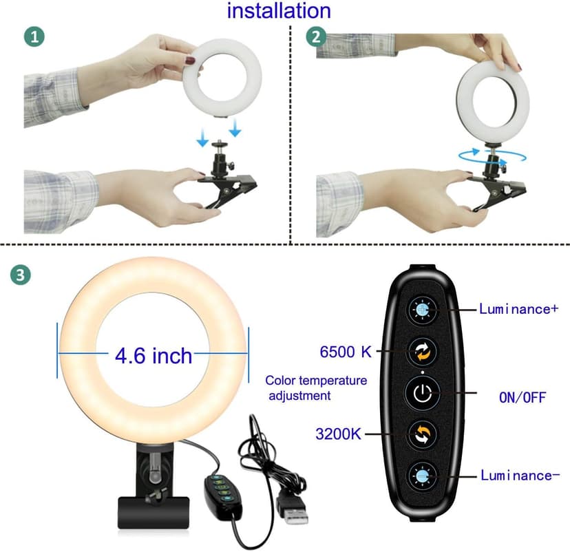 Ring Light Video Conference Lighting Kit 3200k-6500K Dimmable Led Clip on Computer Monitor Laptop Phone for Content Creator (YouTube/TikTok/Twitch) Makeup,Conference,Selfie,Video,Vlog (Black)