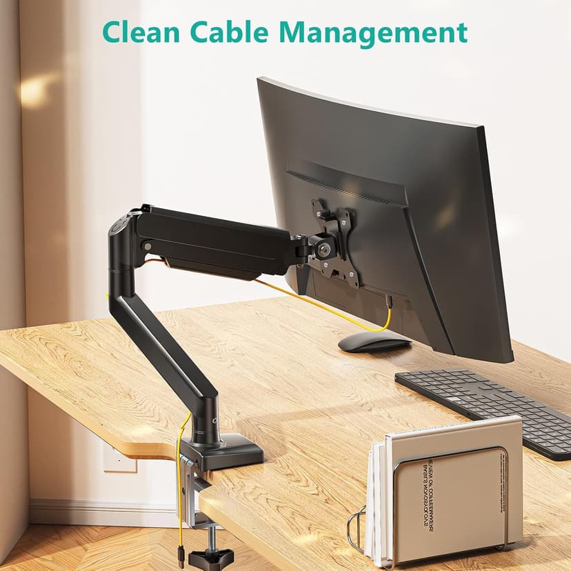 WALI Single Monitor Mount, Gas Spring Monitor Arm for 17-34 inch Screens, Adjustable Computer Monitors Stand up to 26.4lbs, with Clamp and Grommet Base, Mounting Holes 75 and 100mm (GSMP001N), Black