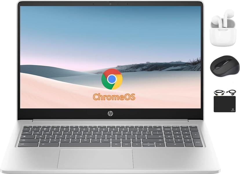 HP Chromebook 15.6" HD Flagship Laptop for Student Business, Quad-Core Intel N200 Processor, 8GB RAM, 320GB Storage (64GB eMMC + 256GB Card), Webcam, WiFi, Long Battery, Chrome OS+HubxcelAccessory
