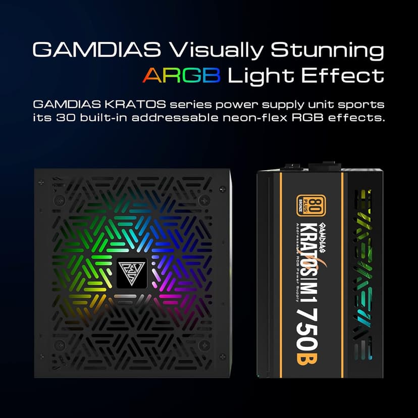 GAMDIAS RGB Gaming PC Power Supply 750W 80 Plus Bronze Certified 750 Watt PSU for Computers with Active PFC, Kratos M1-750B