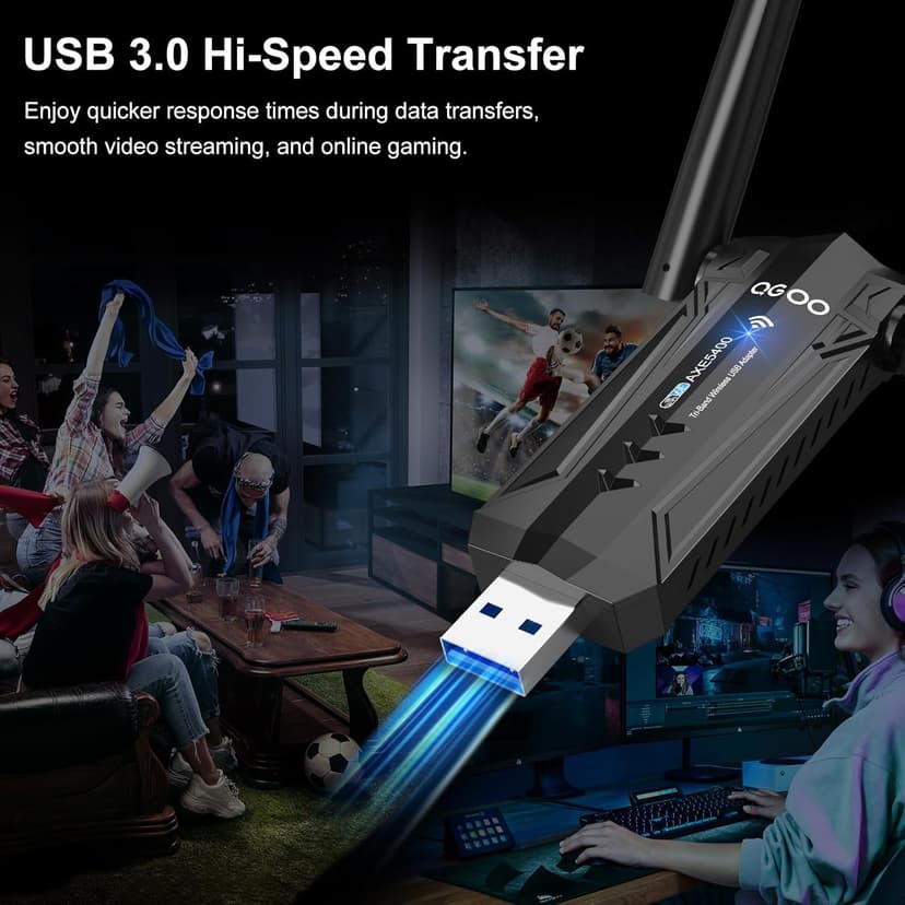 USB 3.0 WiFi 6E Adapter for Desktop PC, QGOO Tri-Band Axe 5400 Wireless Network Receiver/Dongle with 5dBi Dual Antennas, WiFi Card/Stick 6G/5G/2.4G for Laptop Computer Only Compatible Windows 11/10