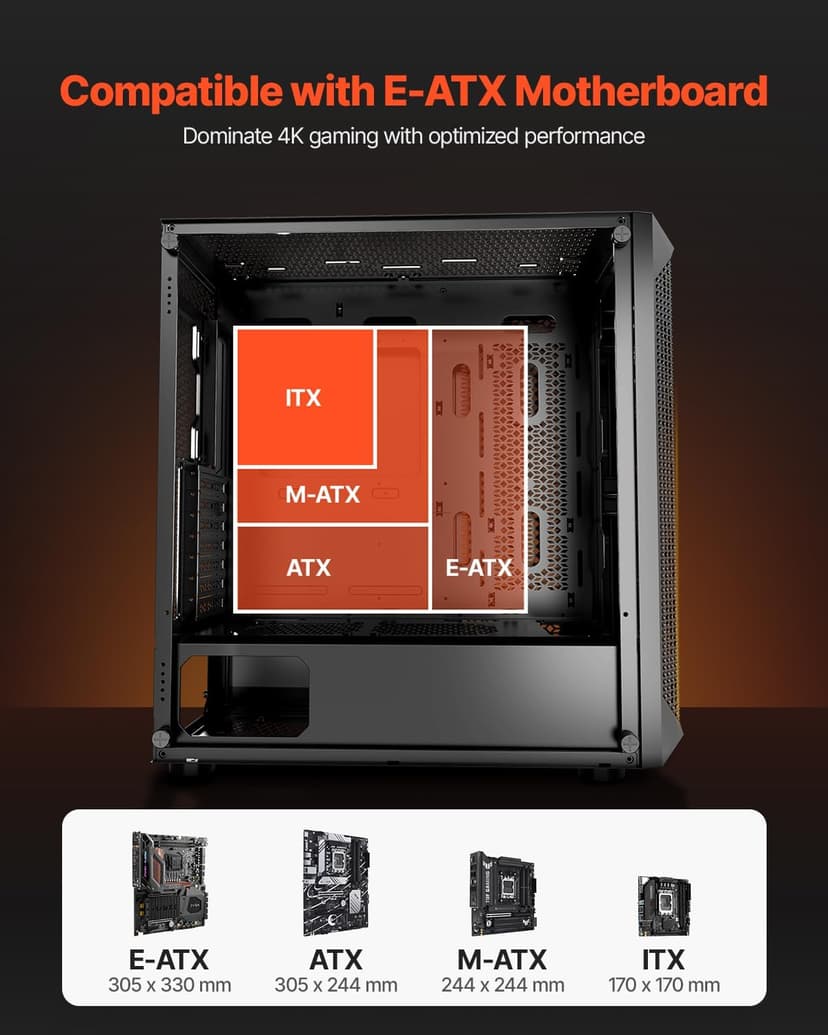 VEVOR PC Gaming Case, Full-Tower, Computer Case with High-Airflow Panel, Magnetic Dust Filter, 3 x 140mm PWM Fans, Cable Management, for GPU up to 410mm in Length, Compatible with E-ATX/ATX/ITX
