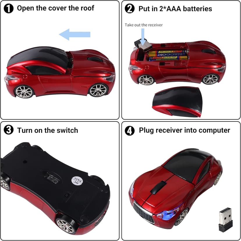 Elec Space Wireless Car-Shape Mouse With LED Headlights, 2.4G Unique for Kids, USB Receiver, 1600 DPI Cool Gaming for Laptop PC Computer-Red