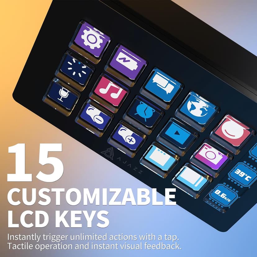 A.JAZZ AKP153 Streaming Studio Controller Keypad Type-c Wired with 15 Macro LCD Key&1 Side Screen Display Detachable Stand for Multi Action Triggered in Win MAC Twitter TikTok YouTube OBS App(Black)