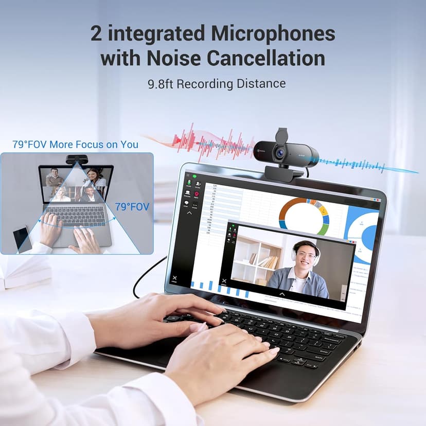 4K Webcam for PC with Tripod, PDAF Autofocus, 1080P@60FPS, 79° FOV, Low Distortion, 2 Noise Reduction Mics, Privacy Cover, Plug&Play, PC Camera for Skype, Teams, Zoom, NewEye 62 Kit