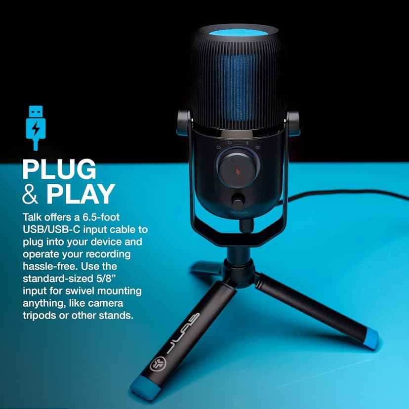 JLab Talk USB Microphone, USB-C Output, Cardioid, Omnidirectional, Stereo or Bidirectional, 96k Sample Rate, 20Hz, 20kHz Frequency Response, Volume, Gain Control, Quick Mute, Plug & Play