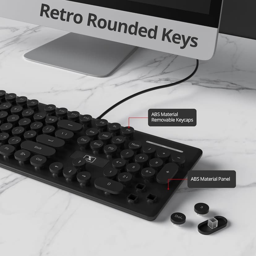 Wired Quiet Membrane Keyboard,Full Size 104-Keys Retro Punk Typewriter Blue LED Backlit ，USB Ultra Slim Gaming Keyboard with ABS Round keycaps for Windows/PC/Laptop (Black)