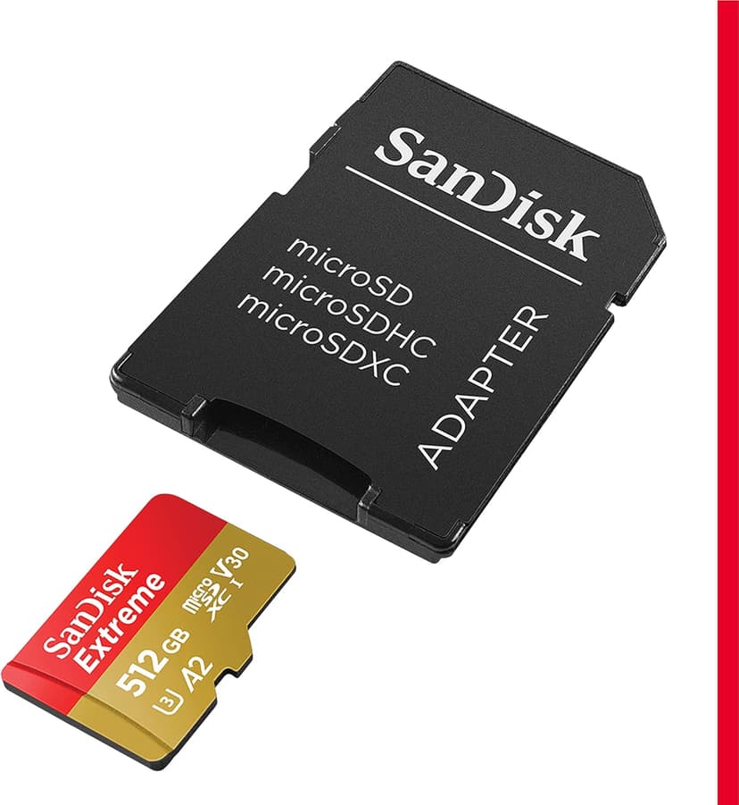 SanDisk 512GB Extreme microSDXC UHS-I Memory Card with Adapter - Up to 190MB/s, C10, U3, V30, 4K, 5K, A2, Micro SD Card - SDSQXAV-512G-GN6MA