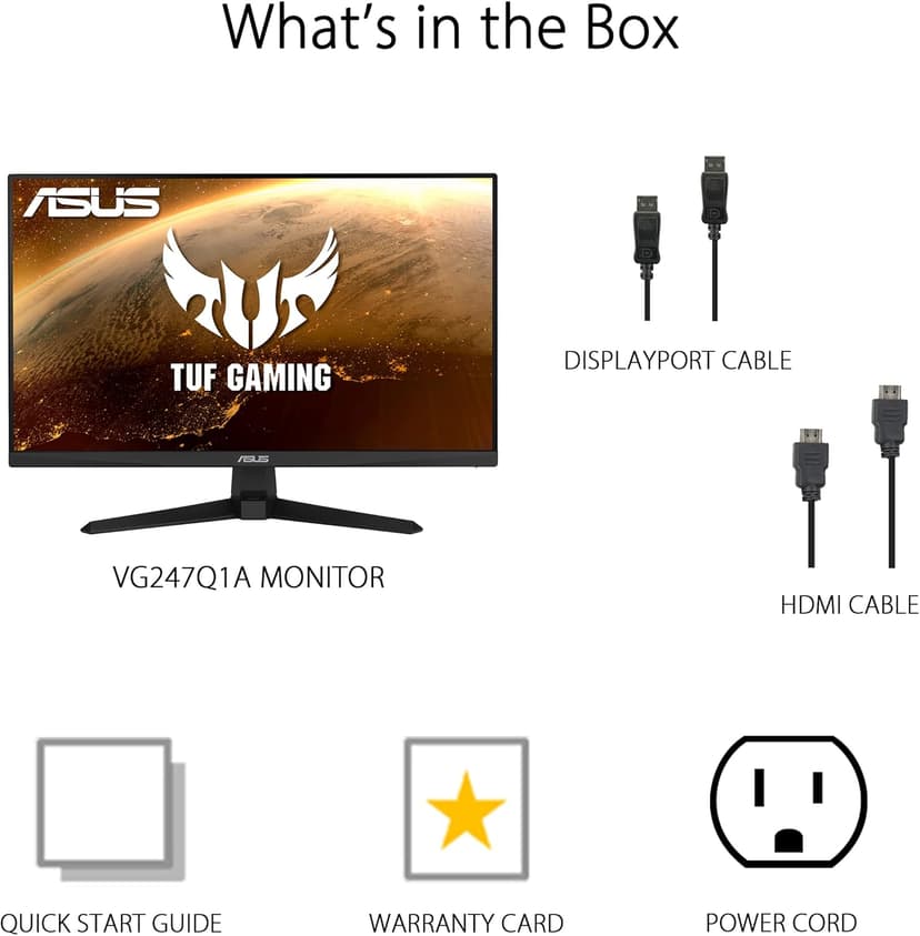 ASUS TUF Gaming 24” 1080P Monitor (VG247Q1A) - Full HD, 165Hz (Supports 144Hz), 1ms, Extreme Low Motion Blur, Adaptive-sync, FreeSync Premium, Shadow Boost, Speakers, Eye Care, HDMI, DisplayPort