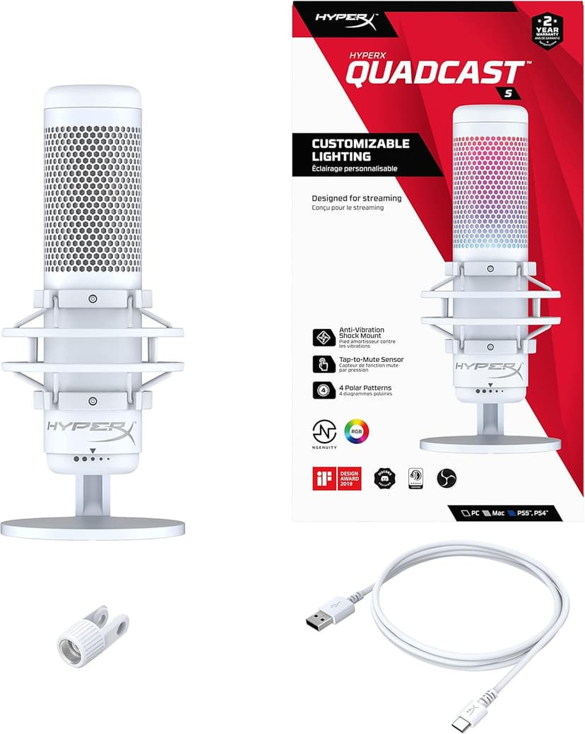 HyperX QuadCast S – RGB USB Condenser Microphone for PC, PS5, Mac, Anti-Vibration Shock Mount, 4 Polar Patterns, Pop Filter, Gain Control, Gaming, Streaming, Podcasts, Twitch, YouTube, Discord – White