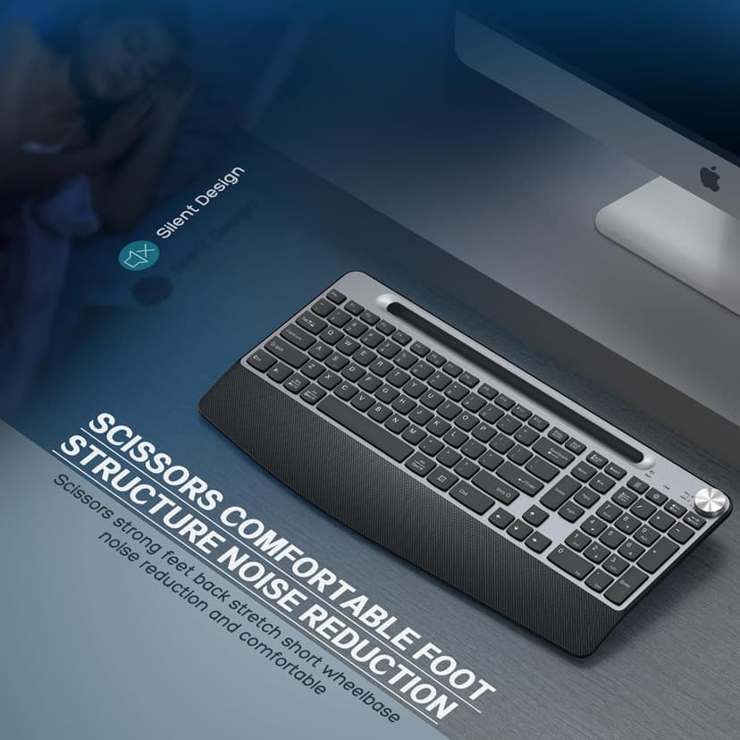Ergonomic Wireless Keyboard with Wrist Rest-Low-Profile,Phone/Tablet Holder,Quiet Design，Windows & Mac OS，Full Size Cordless USB Computer Keyboard for Desktop,Laptop, PC, Mac, Windows-Grey