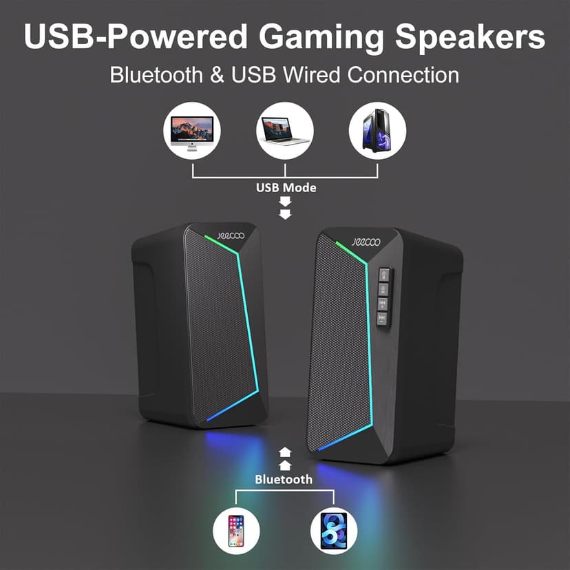 Jeecoo M30 Bluetooth Computer Speakers, PC Gaming Speakers for Desktop with Crisp Stereo Sound, Dynamic LED Modes, Easy-Access Control, 10W - USB-Powered