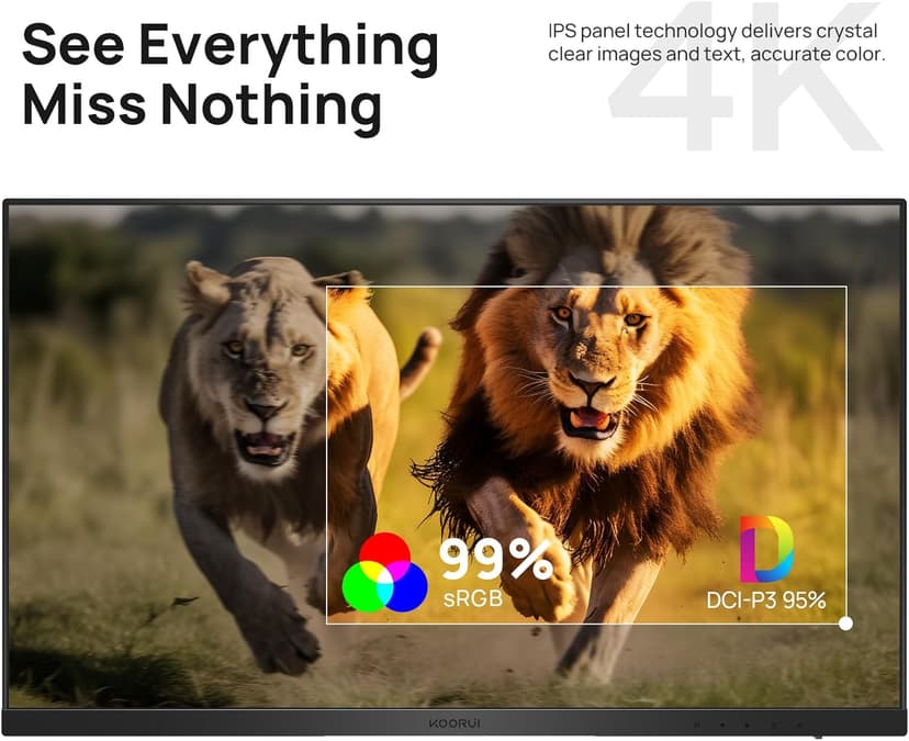 KOORUI 27 Inch 4K Monitor Computer UHD(3840 * 2160) IPS Display, 99% sRGB, 95% DCI-P3, 1.07 Billion Colors, Freesync & G-sync, Displayport & 2X HDMI, VESA 100 * 100mm, Tilt -5 to 20°, Audio Out (N07)
