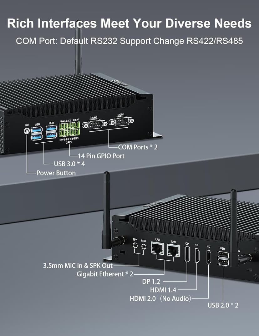 Baieyu Industrial PC with Core i3-10110U (Up to 4.10GHz), 8GB DDR4 RAM 256GB M.2 SSD, Fanless Industrial PC, 2×RS232 COM, Support RS422/RS485, 1×GPIO, 2×HD, 1×DP, 2×RJ45 LAN, 6×USB Port, Win 11 Pro