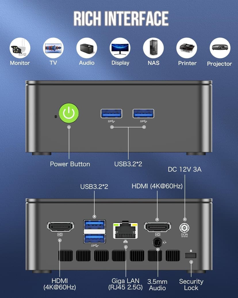 GMKtec Mini PC Intel N150 (Turbo 3.6GHz) 16GB DDR4 1TB PCIe M.2 NVMe SSD, Intel i226-V Desktop Computer 4K Dual HDMI Display/4x USB3.2/WiFi 6/BT5.2/RJ45 Ethernet Nucbox G3 Plus
