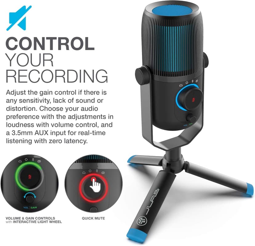 JLab Talk USB Microphone, USB-C Output, Cardioid, Omnidirectional, Stereo or Bidirectional, 96k Sample Rate, 20Hz, 20kHz Frequency Response, Volume, Gain Control, Quick Mute, Plug & Play