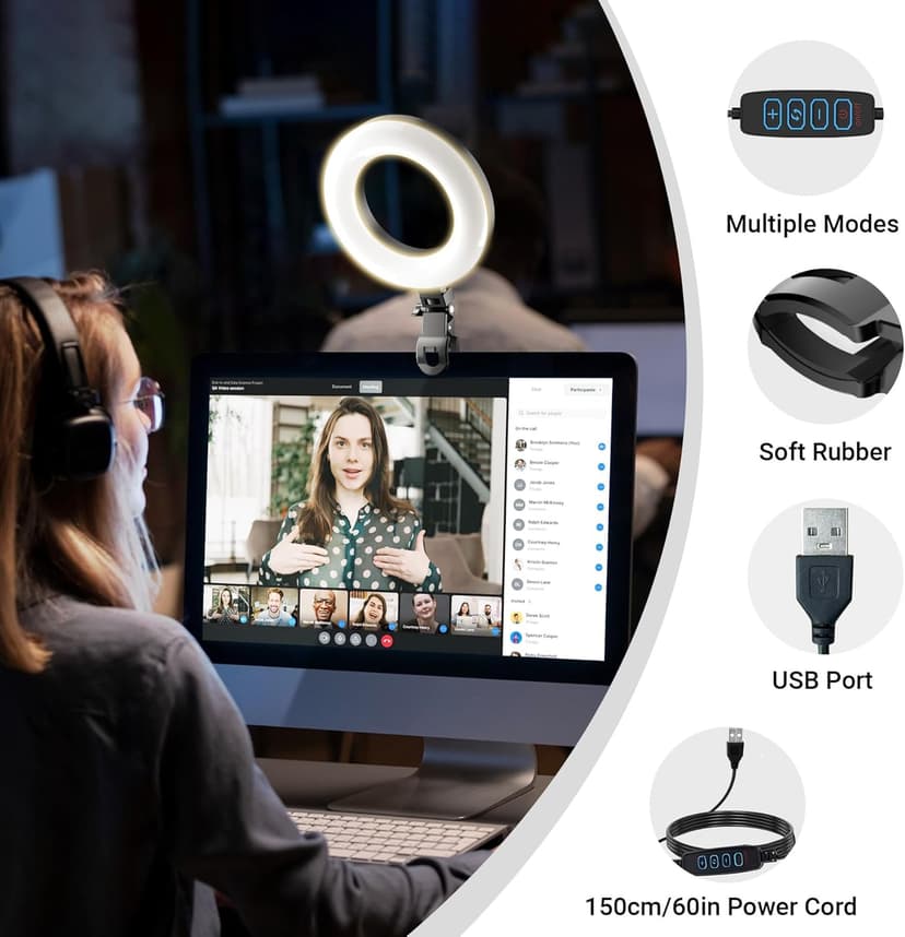 Clip On Ring Light for Laptop, Video Conference Lighting with 3 Color Modes, Adjustable USB LED Light for Computer Monitor, Zoom Streaming, Teams Calls, TikTok Live Streaming