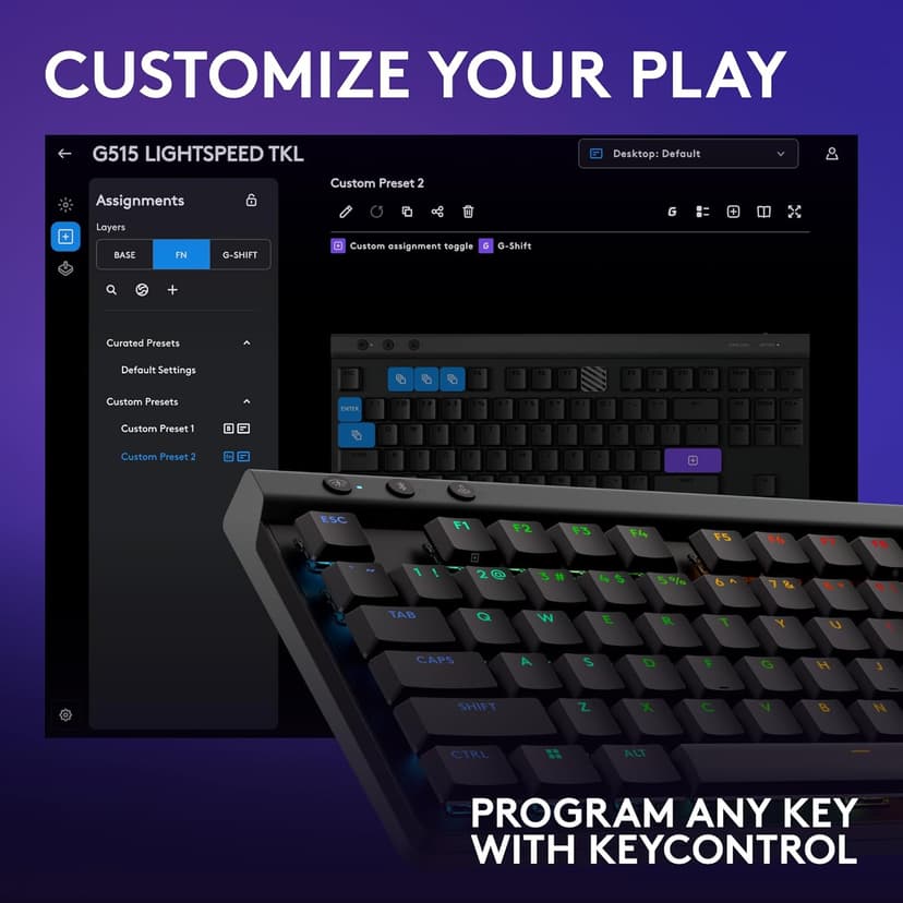 Logitech G515 Wireless Gaming Keyboard TKL, LIGHTSYNC RGB, Thin Tenkeyless Design, Double-Shot PBT Keycaps, Tactile Brown Mechanical Switches - Black