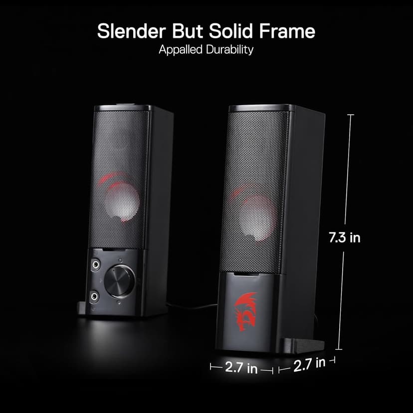 Redragon GS550 PC Gaming Speakers, 2.0 Channel Desktop Computer Sound Bar with Compact Maneuverable Size, Headphone Jack, Quality Bass & Decent Red Backlit, USB Powered w/ 3.5mm Cable