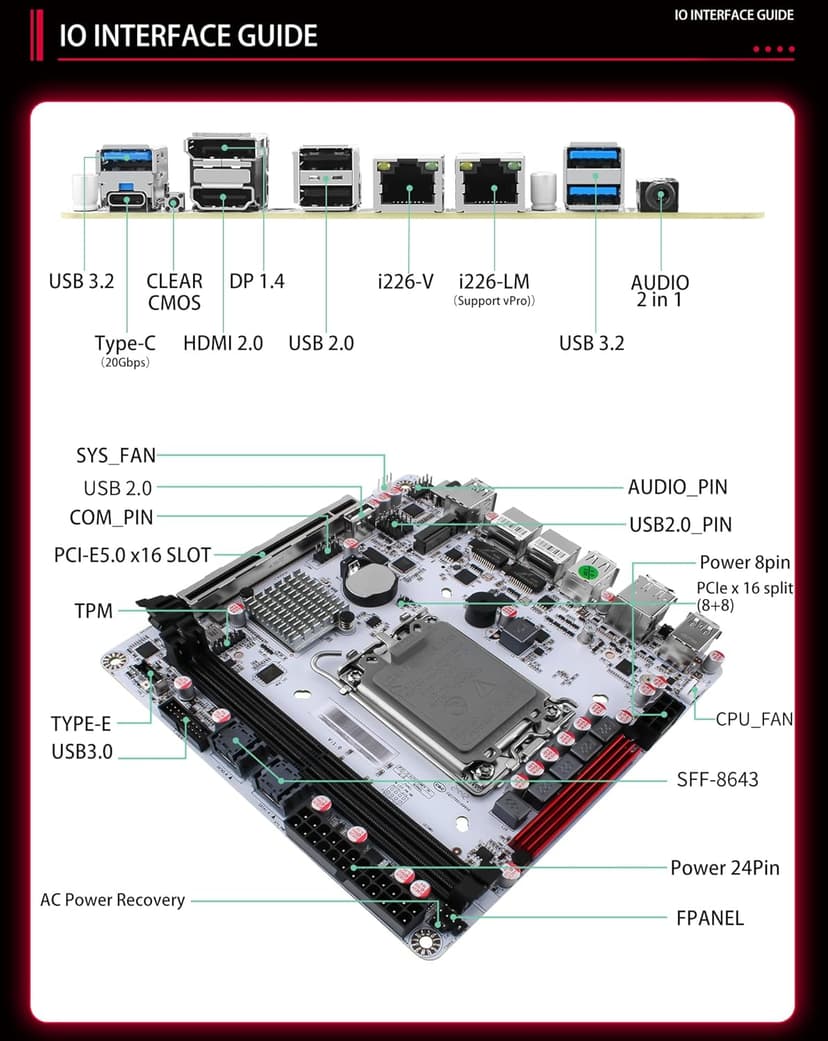 Q670 Pro 8-Bay Mini-ITX NAS Motherboard: LGA1700 for 12th/13th/14th Gen Intel CPUs, 8 SATA 3.0, 3 M.2 NVMe, 2.5G vPro NIC, Dual DDR5 Slots, USB3.2, Dual 4K@60Hz Display (Q670+ 2X SFF-8643)