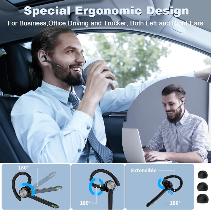 Bluetooth Headset, Wireless Bluetooth Earpiece with 500mAh Charging Case 72 Hours Talking Time Built-in Microphone for iOS Android Cell Phone, V5.1 Hand-Free Headphones for Trucker, Office-Dark
