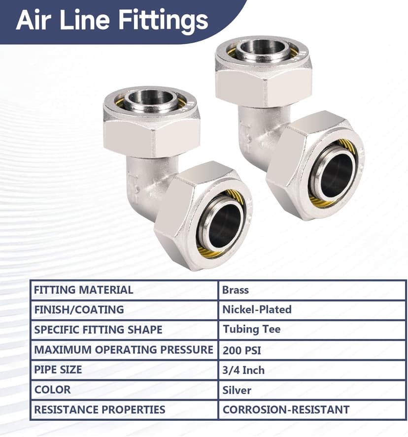 2PCS 3/4’’ Elbow Air Piping Fittings, Air Line Fittings For Shop Garage Compressed Air line System Kit Brass-Nickel Plated, 200PSI