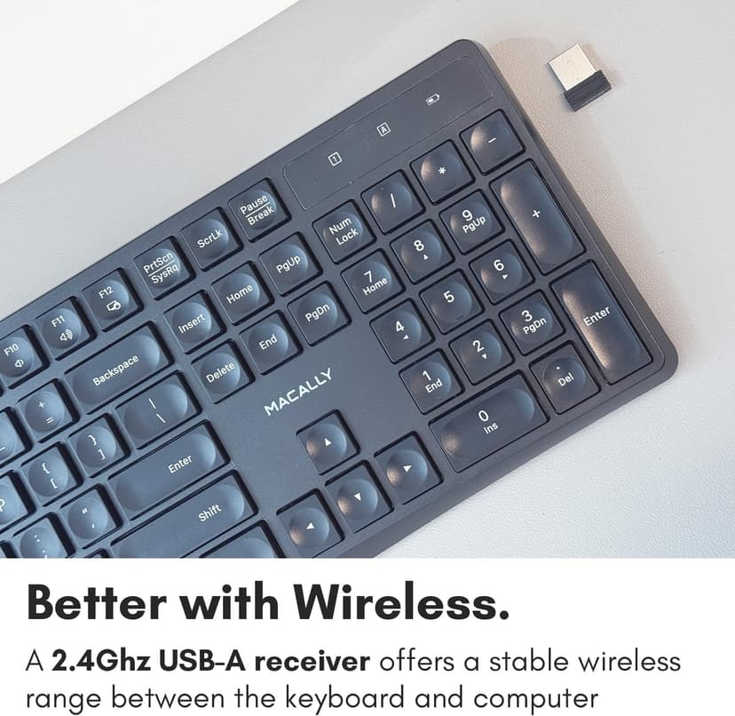 Macally Wireless Keyboard | 2.4 Computer Key Board | Full Size and Wireless (Quiet Keys) All Day Comfortable Typing with Wireless USB for Laptop, Desktop PC, Surface, Chromebook, Notebook