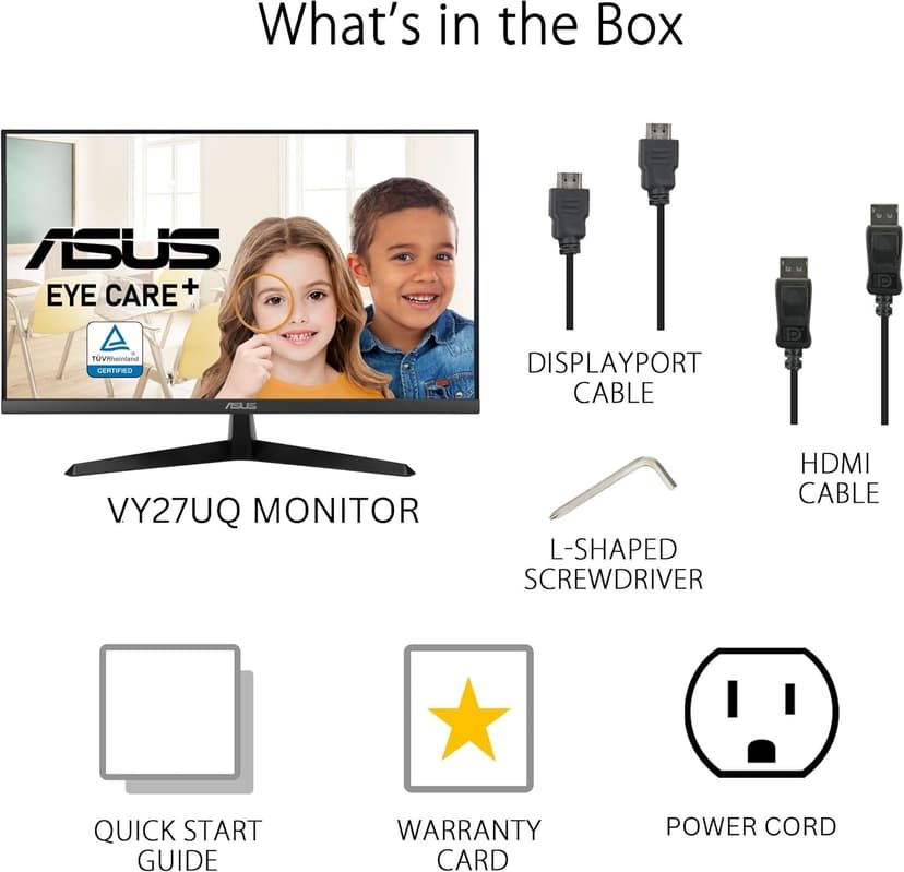 ASUS 27” 4K Eye Care Monitor (VY27UQ) - UHD (3840 x 2160), IPS, HDR10, Adaptive Sync, Eye Care Plus, Display Port, HDMI, Speaker, DisplayWidget, Blue Light Filter, Flicker Free, 3yr Warranty