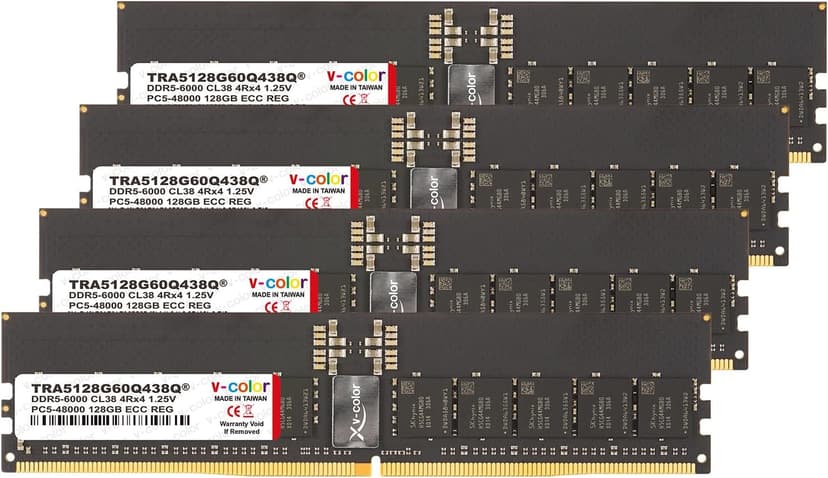 V-Color DDR5 512GB (128GBx4) 6000MHz CL38 4Rx4 OC R-DIMM (Overclocking ECC Registered DIMM) 1.25V Memory Ram for TRX50 Workstation (AMD Expo) (TRA5128G60Q438Q)
