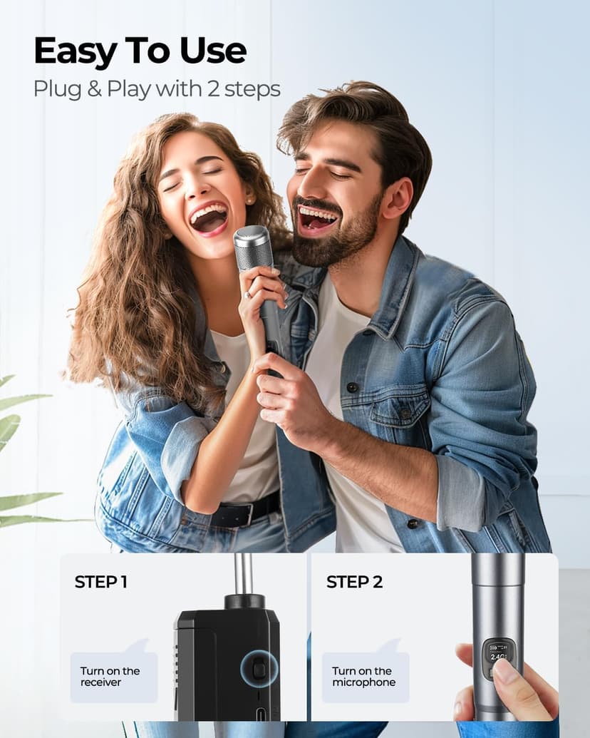 Wireless Microphone, Dual Handheld Dynamic Mic with Rechargeable Receiver, 40H Duration, 200ft Range, Plug and Play, Karaoke Microphone for Singing, Karaoke, Meeting, Church, Wedding