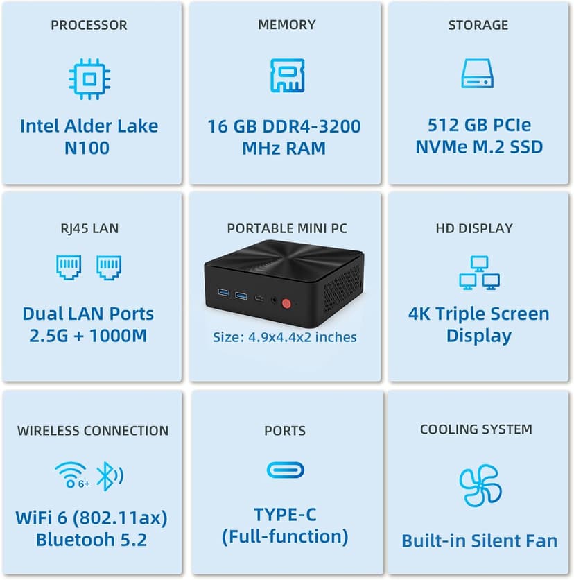 Mini PC, Intel 12th Alder Lake N100 (up to 3.4GHz), 16GB DDR4 RAM 512GB M.2 SSD Dual LAN, Mini Desktop Computers Windows 11, 4K Triple Display, Type-C, WiFi 6, BT 5.2, Micro PC for Home Office