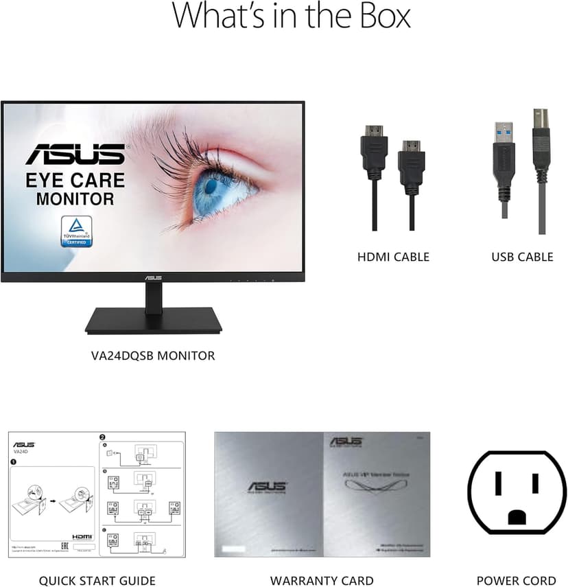 ASUS 23.8”1080P Monitor(VA24DQSB)-Full HD,IPS,75Hz,Speakers Adaptive-Sync Low Blue Light Flicker Free VESA Mountable Frameless, HDMI DisplayPort, VGA, USB hub Height Adjustable, BLACK,12.8"x21.3"x2.1"