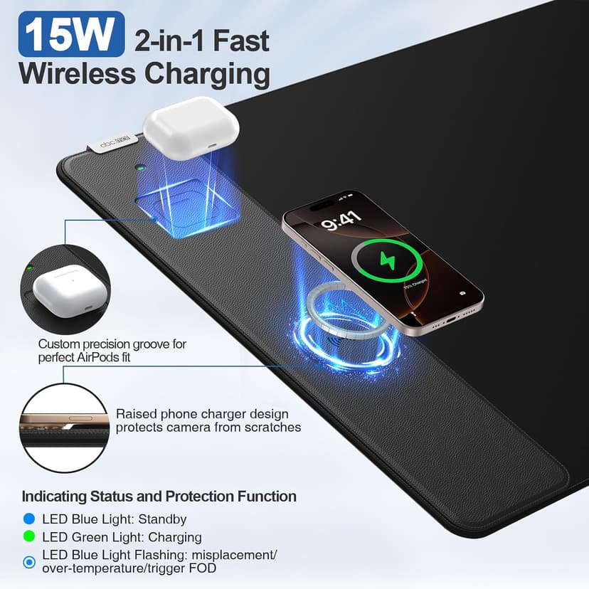 Wireless Charging Mouse Pad, 31.5"x15.8" Large Gaming Desk Mat with 15W Fast Charging, Ultra-Smooth Surface, Non-Slip Base, Waterproof Mousepad Keyboard Pad for PC, MacBook, Laptop, Black