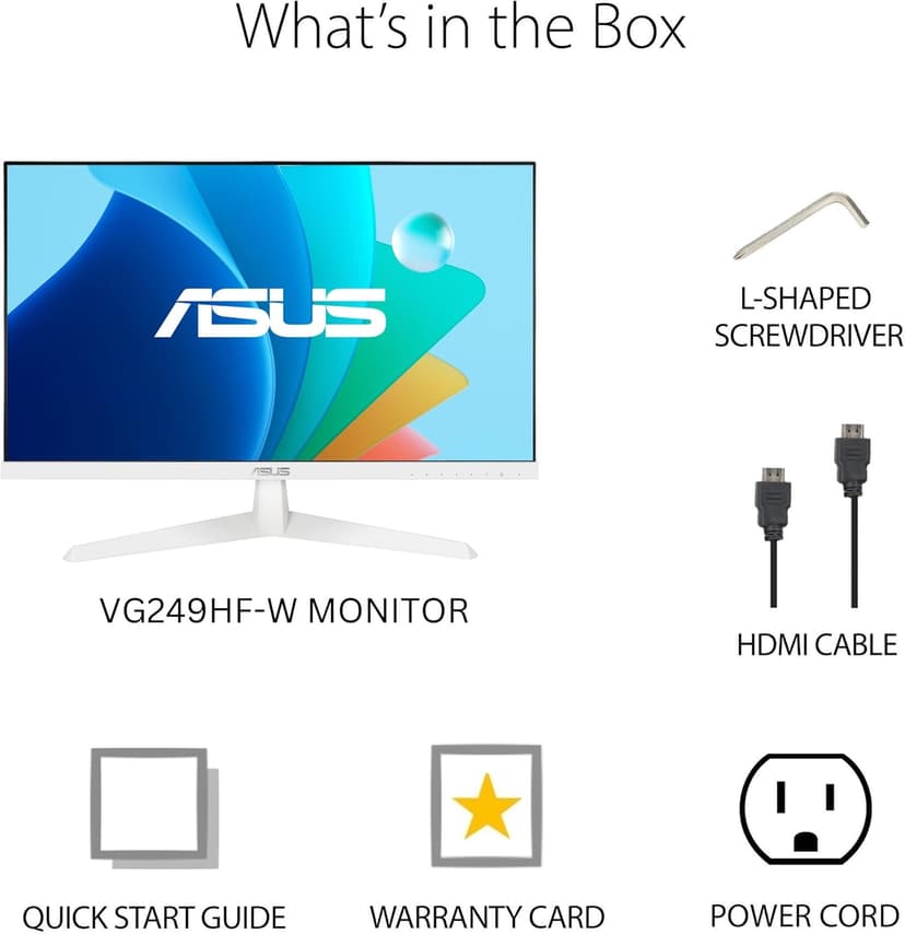 ASUS Eye Care 23.8” 1080P Gaming Monitor (VY249HF-W) – Full HD, IPS, 100Hz, IPS, SmoothMotion, 1ms, Adaptive Sync, Eye Care Plus Technology, Blue Light Filter, Flicker Free, 3 yr Warranty