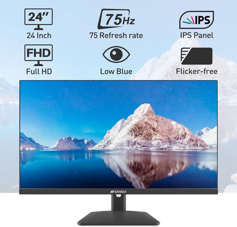 SANSUI 24 inch Monitor, Display Port Monitor IPS FHD 1080P 75Hz, Computer Monitor with Built-in Speakers, PC with HDMI,VGA,DP Ports/Eye Care/Ergonomic Tilt/HDR10 ES-24x5A