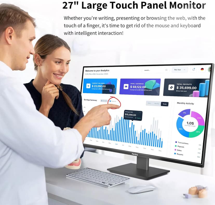 Touchscreen Monitor 27 Inch 2K 100Hz Gaming Monitor, QHD 2560x1440 IPS PC Monitor, 10-Point Multi Touch Screen Computer Monitor, USBC HDMI VGA Ports, Built-in Speakers