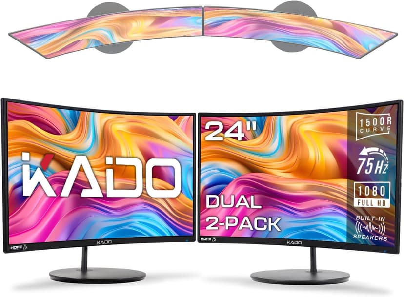 Kado Dual Monitor Setup - 2-Pack 24" Curved 1920x1080 Computer Monitor 1500R 75Hz VESA Mount HDMI Office Gaming Hybrid Built-in Speakers (C24X Dual Series)