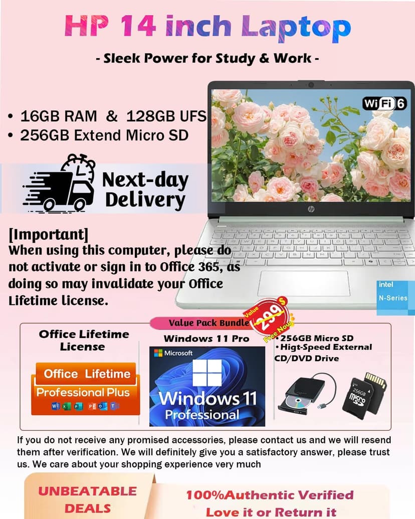 HP Business Student Laptop Computer - Windows 11 Pro & Microsoft Office Lifetime | 14 inch HD | AI-Powered, 12 Hr Batter N-Serious Laptop| 16GB RAM, 128GB UFS, 256GB Extend Micro SD | Green