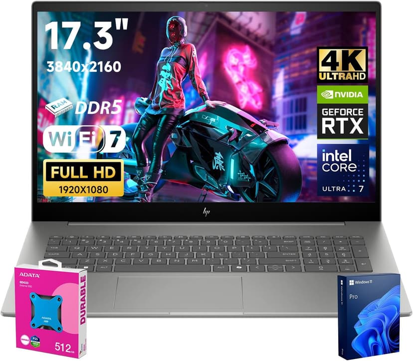 HP 2025 Envy Next Gen Copilot AI Ready Business Laptop, 17.3" UHD Display, Intel Core Ultra 7 155U, GeForce RTX 3050, 64GB DDR5 RAM, 2TB SSD, Backlit KB, Wi-Fi 7, W11P, ADATA 512 External SSD Bundle