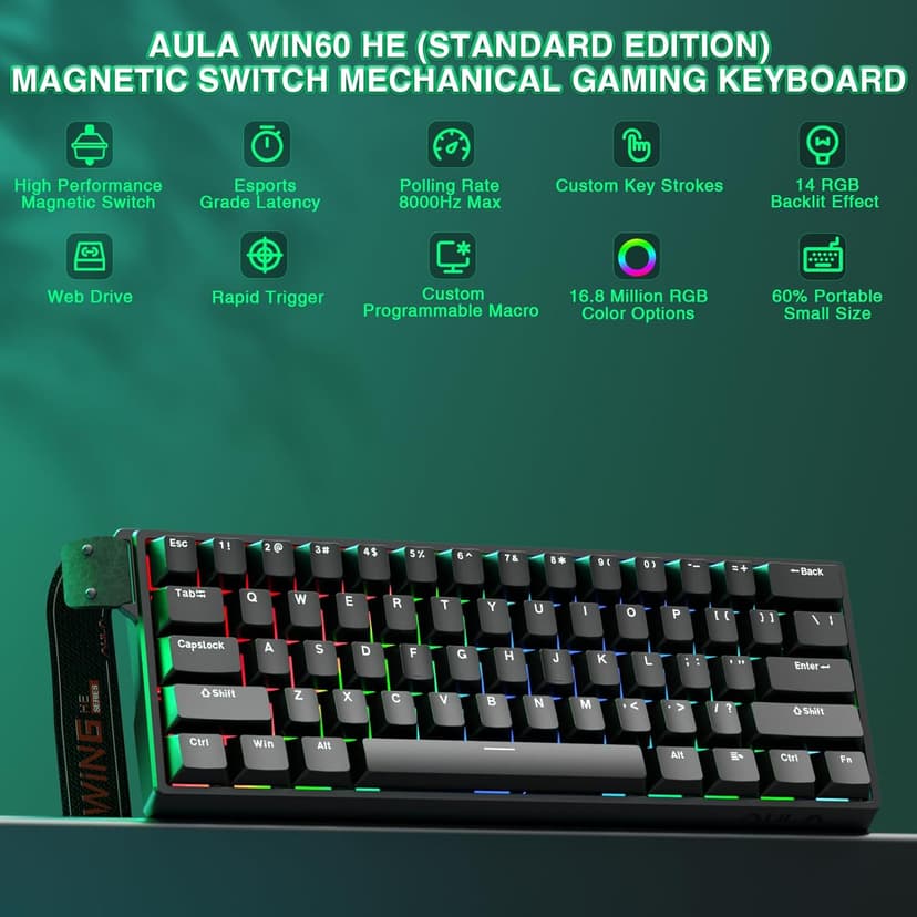Aula WIN60 HE - 60% Mechanical Gaming Keyboard Wired, Magnetic Switch Hot Swappable, Adjustable Actuation Rapid Trigger Mode, 8000 Hz Polling Rate, RGB Small Keyboard 60 Percent Compact Design for PC